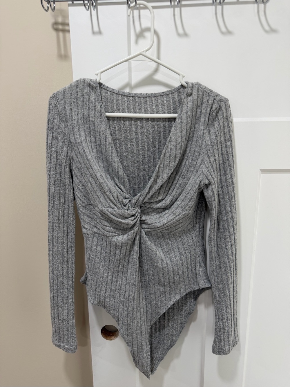 Gray Twist-Front Ribbed Bodysuit Top - Women